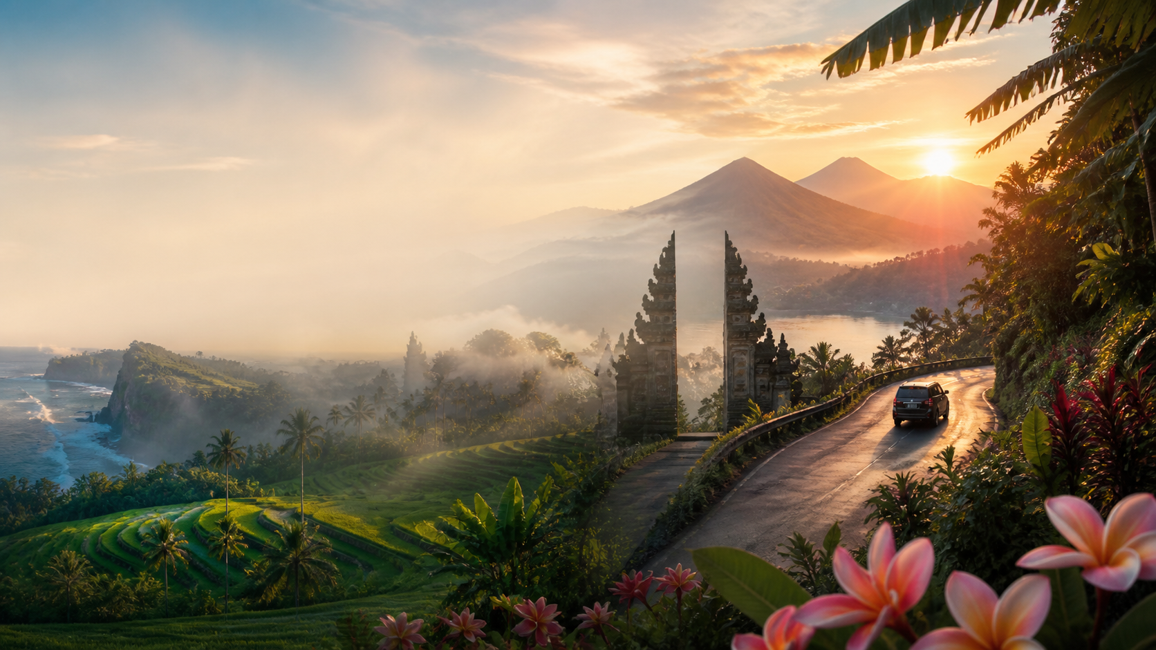 Cinematic Bali landscape with temple gate, rice terraces, coastline and scenic road