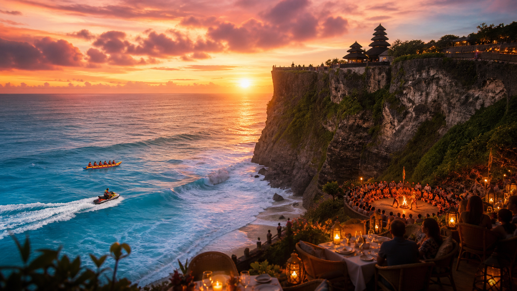 South Bali watersports, Uluwatu cliff temple, Kecak fire dance and sunset dinner