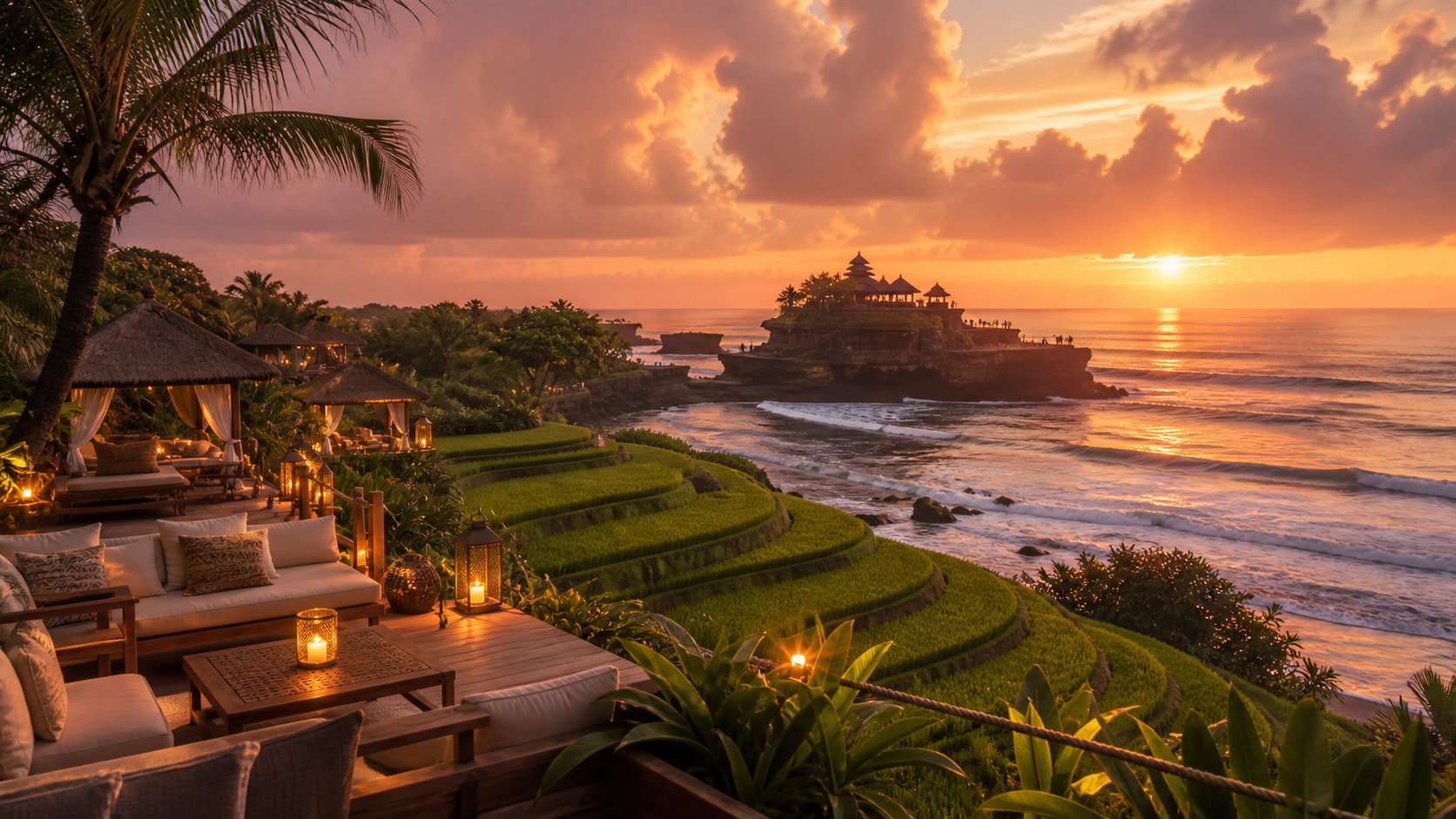Tanah Lot sunset with rice terraces and relaxed beach club atmosphere